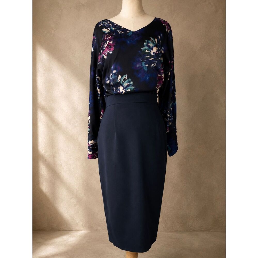 Ellen Tracy Sz 8 Navy Floral Cocktail Dress